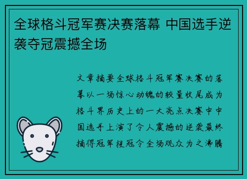 全球格斗冠军赛决赛落幕 中国选手逆袭夺冠震撼全场