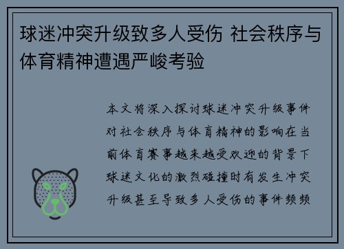 球迷冲突升级致多人受伤 社会秩序与体育精神遭遇严峻考验