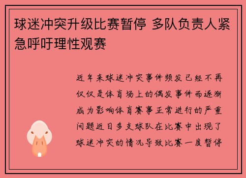 球迷冲突升级比赛暂停 多队负责人紧急呼吁理性观赛